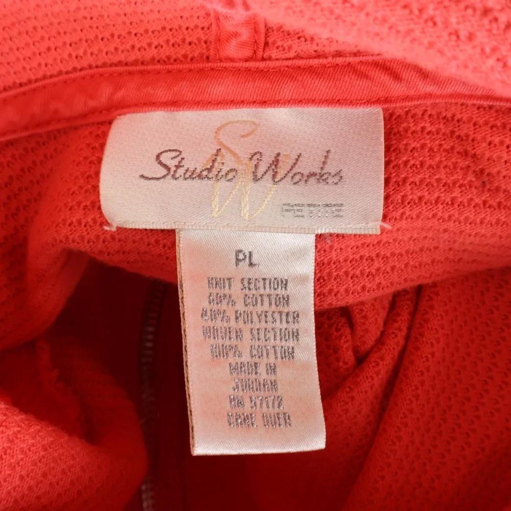 Studio Works Full Zip Jacket Womens Sz PL Orange 3/4 Sleeves Hooded Pockets Knit